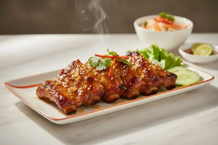 Sườn nướng mật ong bóng loáng, thơm phức.