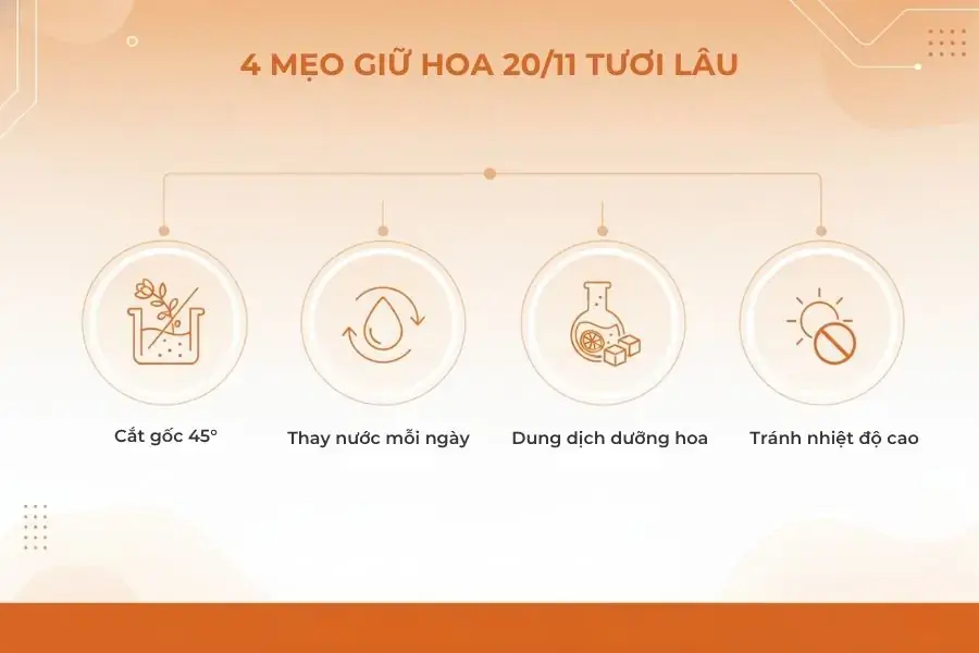 Có những mẹo để giữ tác phẩm hoa 20/11 được tươi lâu mà bạn cần biết.