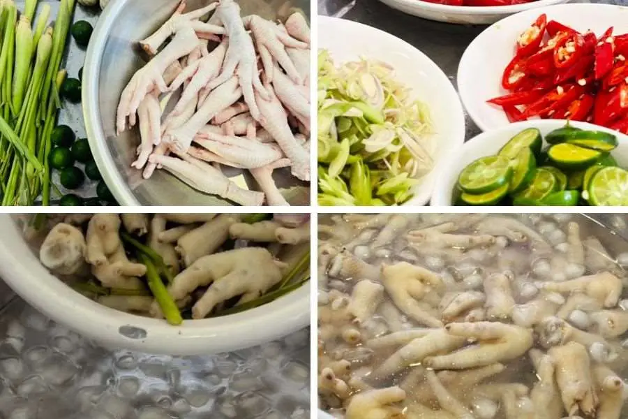 Sơ chế, luộc chân gà chín rồi ngâm vào nước lạnh để giữ độ giòn.