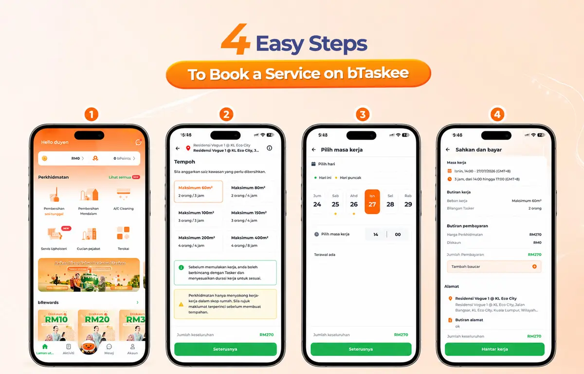 Steps to book a home cleaning service in Selangor on bTaskee app