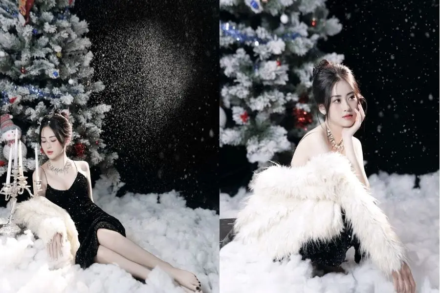 Concept chụp ảnh Noel theo phong cách lộng lẫy cho bạn nữ tại studio.