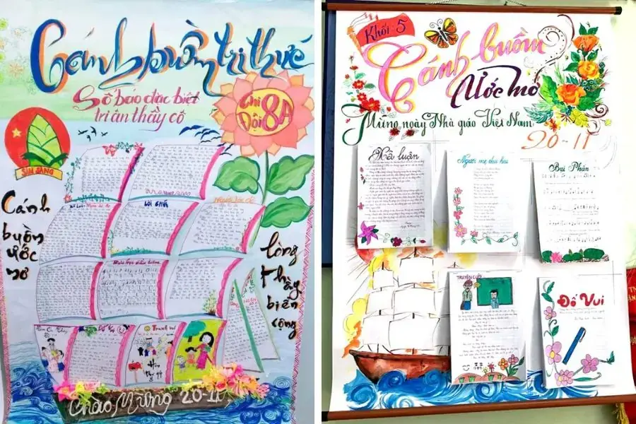 Mẫu báo tường 20 11 chi đội 8A chủ đề “Cánh buồm tri thức” với những bức thư tay (trái) và tác phẩm “Cánh buồm ước mơ” ý nghĩa từ học sinh Khối 5 (phải). 