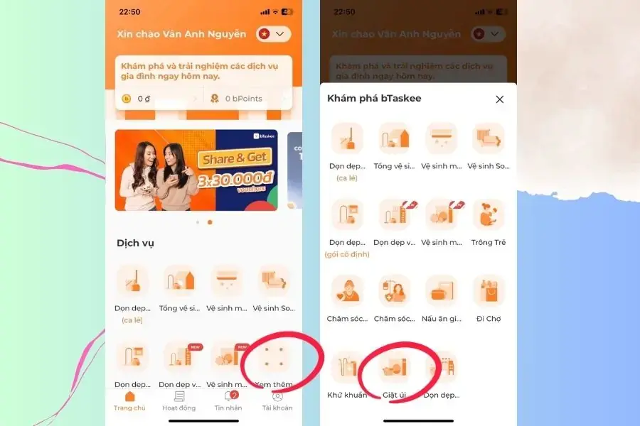 Bấm chọn dịch vụ giặt ủi của bTaskee.