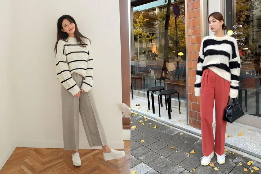 Áo len họa tiết kẻ luôn chiếm xu hướng hot hit.