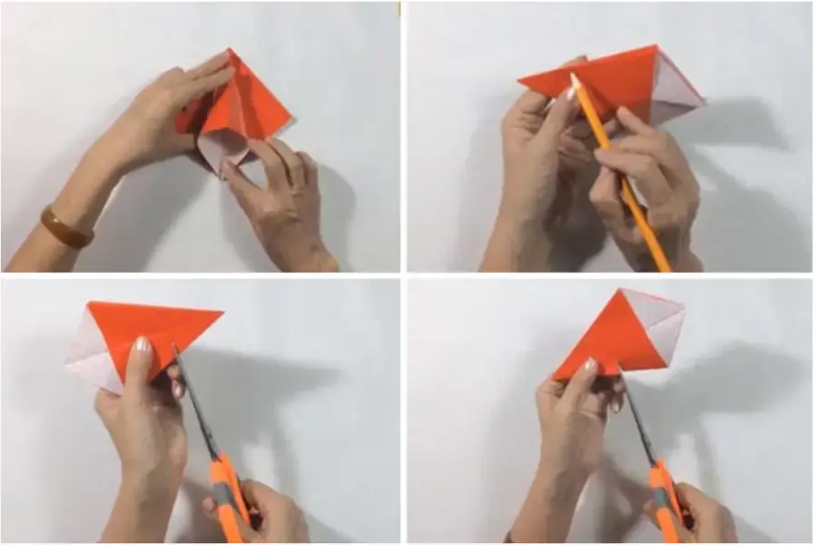 Dùng bút chia đều các cạnh và cắt để tạo lá.