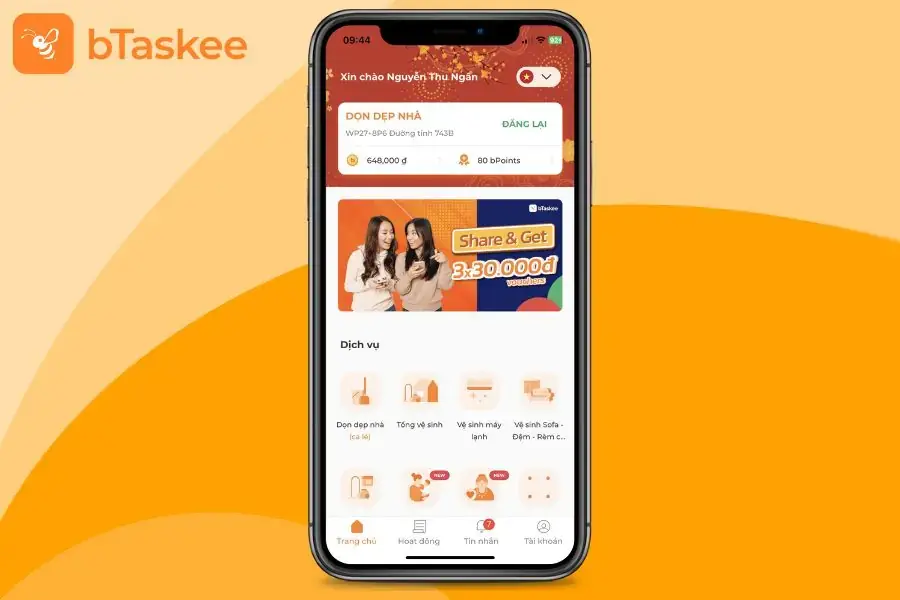 Sử dụng dịch vụ giặt nệm thông qua ứng dụng bTaskee
