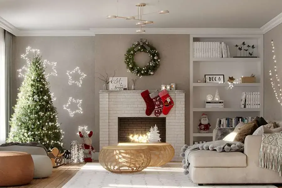 Mẫu trang trí Noel khu vực phòng khách với cây thông nhỏ xinh và các phụ kiện mang đậm dấu ấn Giáng Sinh. 