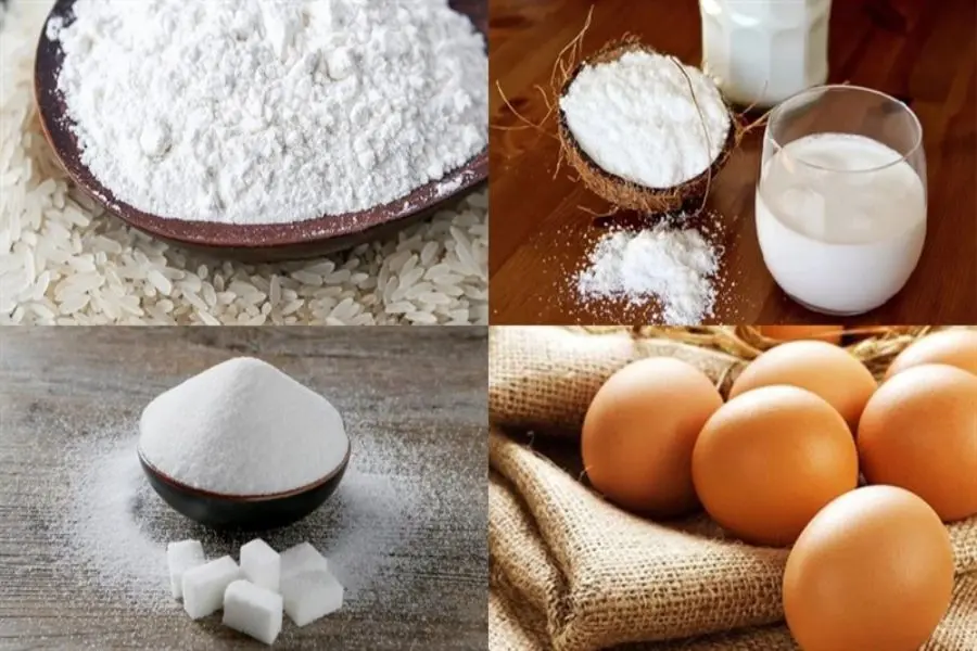 Nguyên liệu làm bánh tai yến: trứng gà, bột năng, bột gạo, bột nếp,...