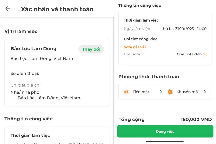 Xác nhận lại thông tin, phương thức thanh toán và nhấn Đăng việc.