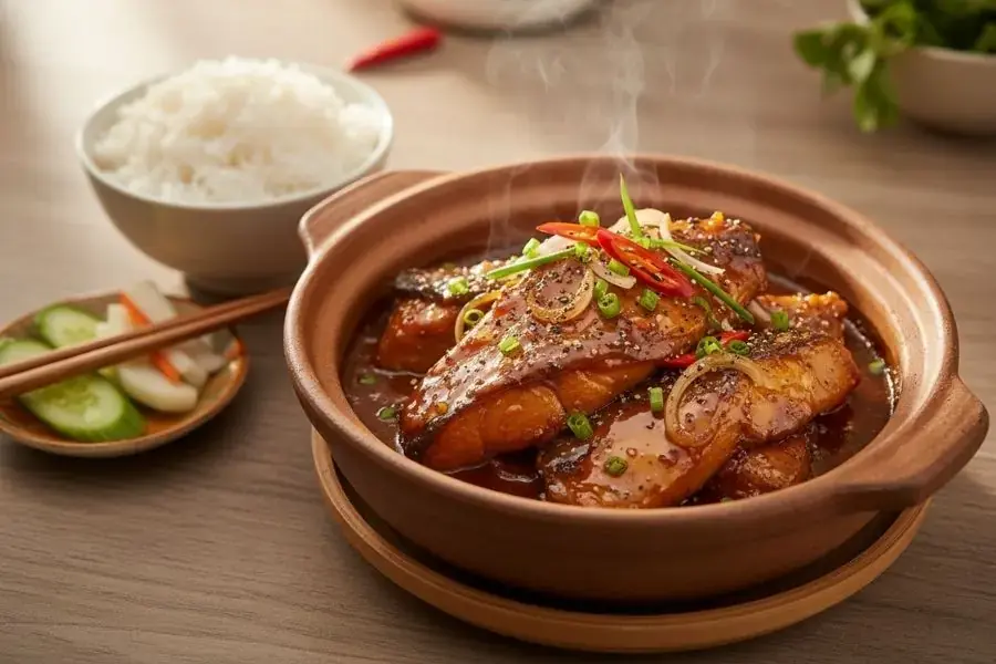 Niêu cá lóc kho tộ sền sệt nước kho.