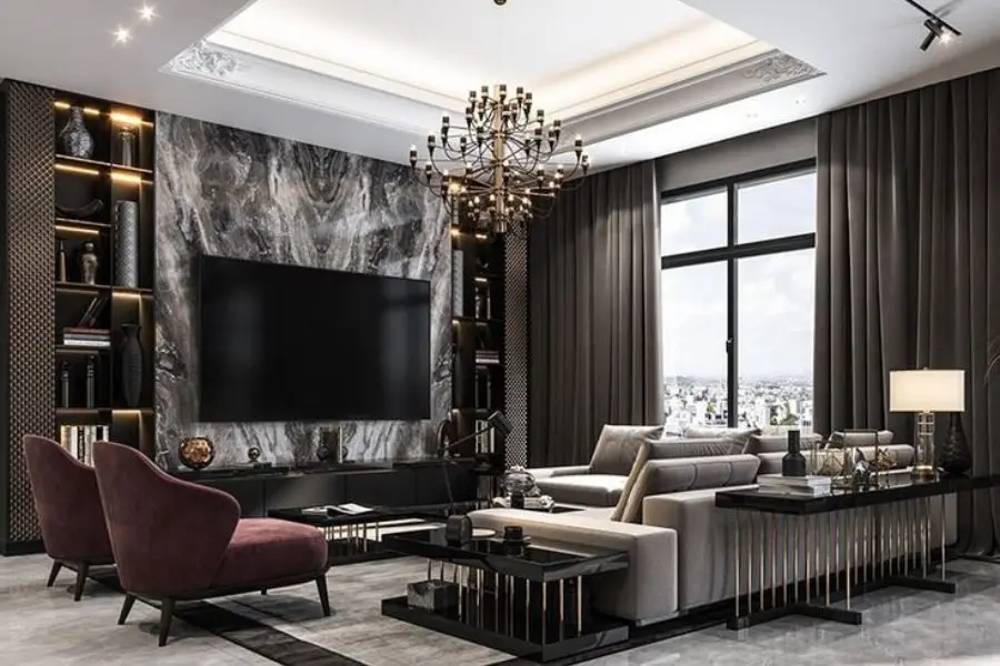 Phòng khách phong cách Tân cổ điển với họa tiết đối xứng