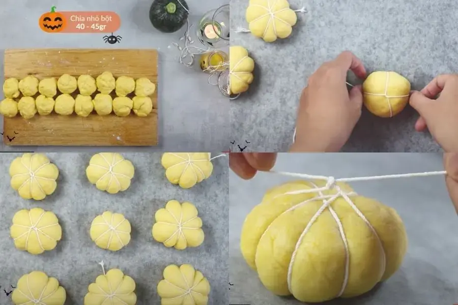 Dùng dây chỉ để tạo hình cho bánh halloween bí đỏ.