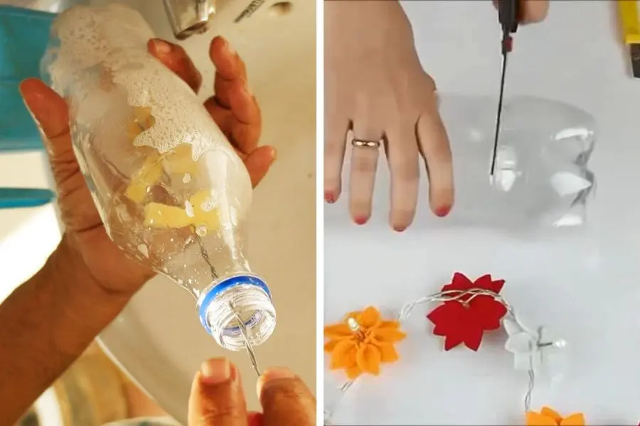 Vệ sinh và dùng dao cắt chai nhựa để làm quả cầu tuyết.