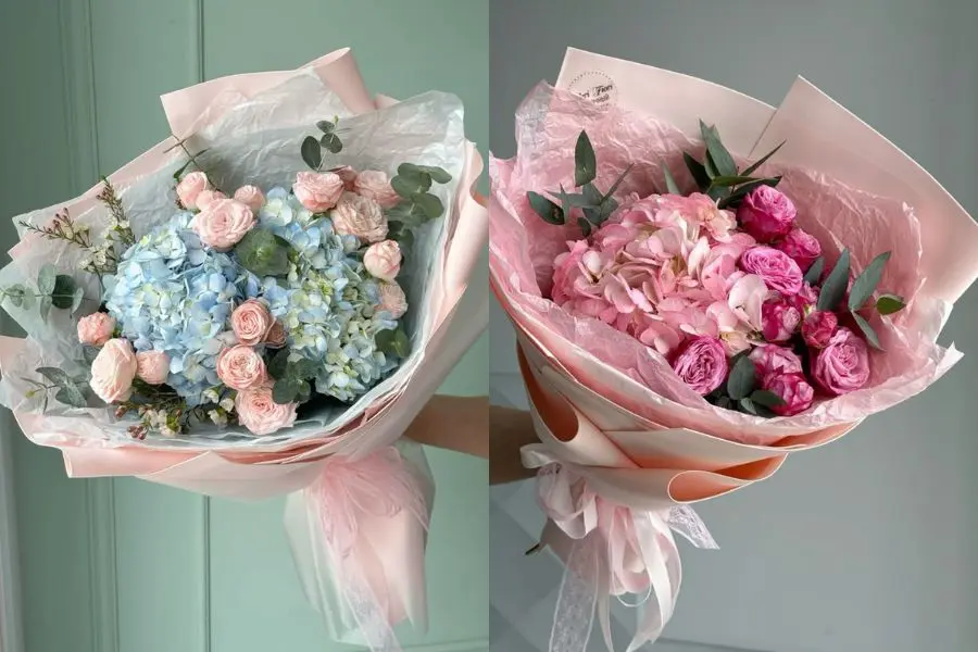 Mẫu bó hoa hồng phối hoa cẩm tú cầu thể hiện sự trân trọng và biết ơn