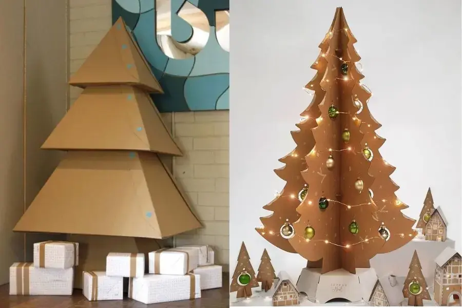 Mẫu cây thông Noel từ thùng bìa carton đơn giản và cắt họa tiết tỉ mỉ. 