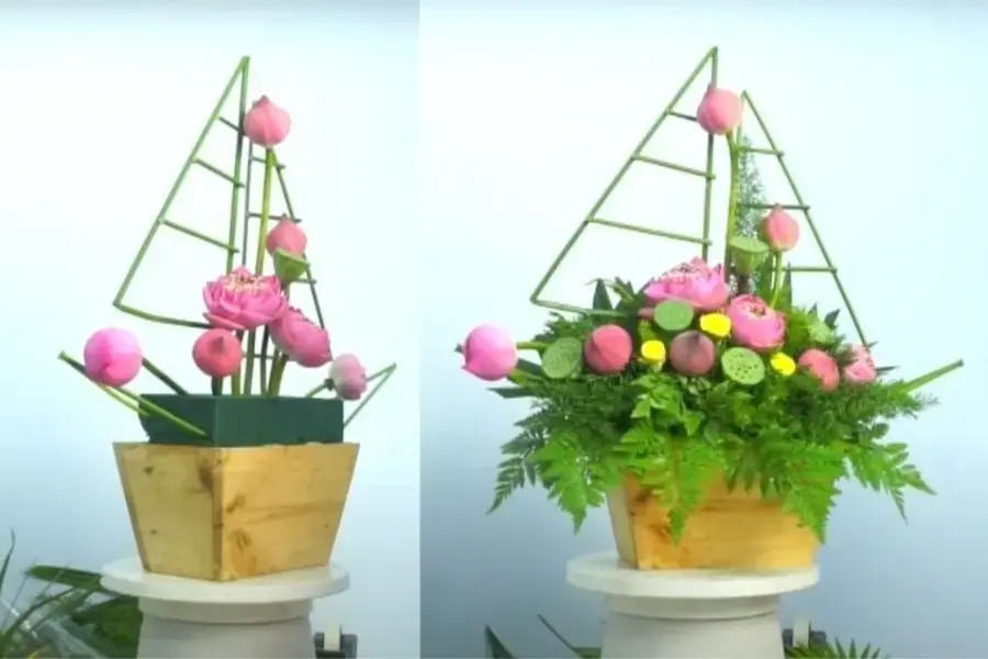 Cắm hoa sen kiểu cánh buồm giúp không gian thêm ấn tượng, độc đáo và thu hút mọi ánh nhìn.