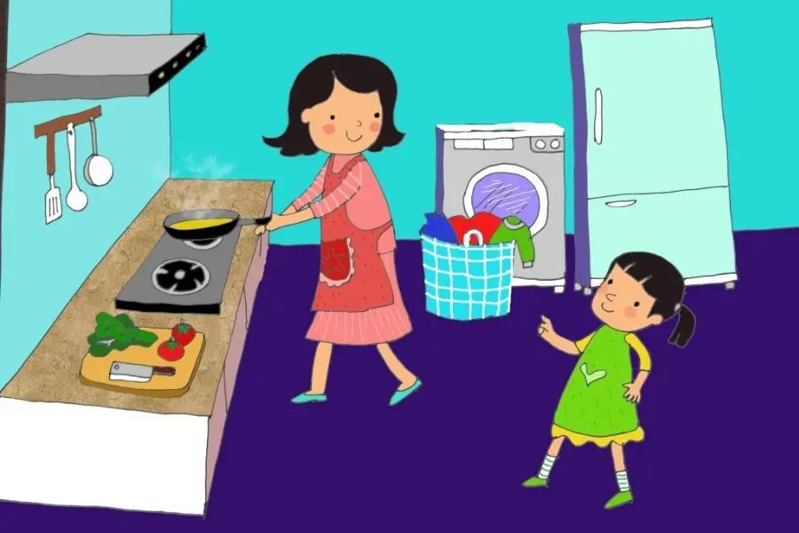 Mẫu tranh vẽ phụ mẹ nấu cơm nhân ngày 20/10.