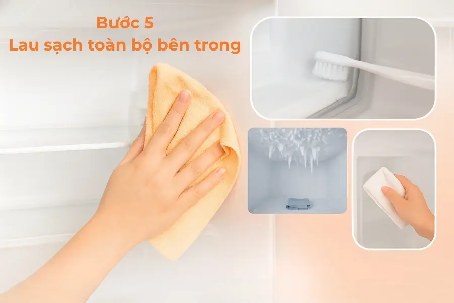 Dùng hỗn hợp đã pha lau toàn bộ bề mặt bên trong tủ lạnh.