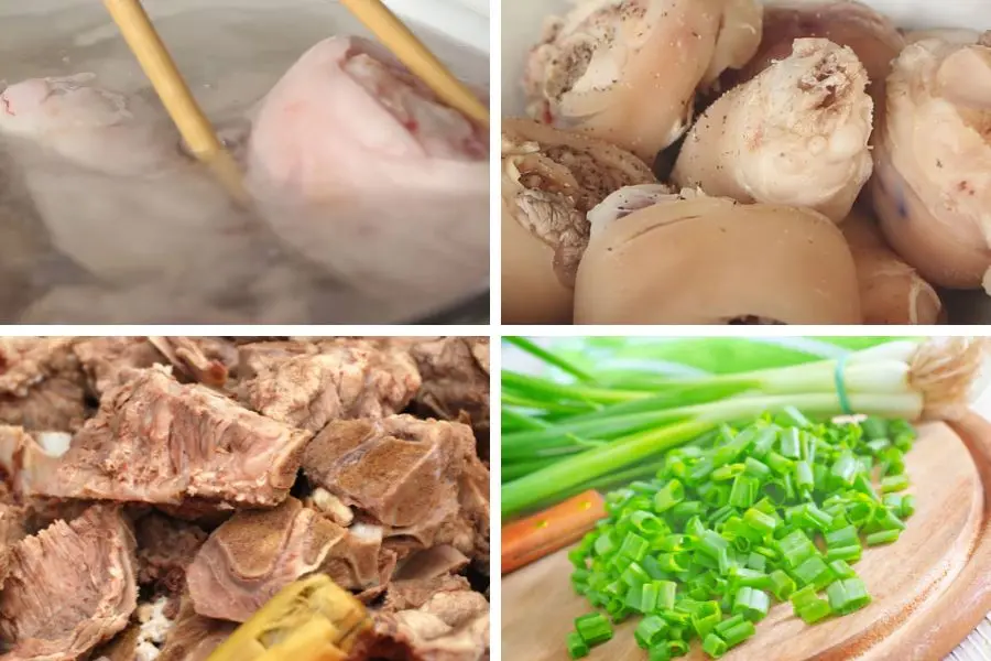 Chần qua xương, móng giò heo với nước sôi rồi ướp với gia vị cho ngấm đều.