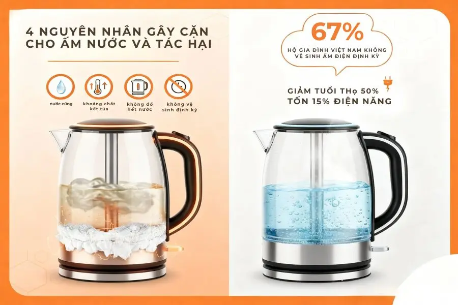 Nguyên nhân khiến ấm đun nước bị cặn vôi và những tác hại đi kèm.