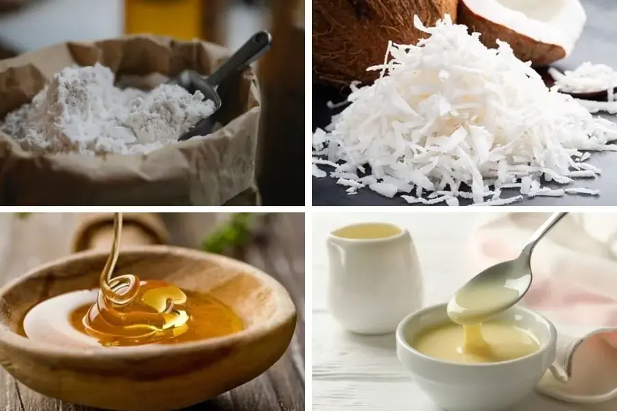 Nguyên liệu làm bánh Trung Thu dẻo nhân dừa gồm: Bột bánh dẻo, dừa nạo sợi, nước đường, sữa đặc,…