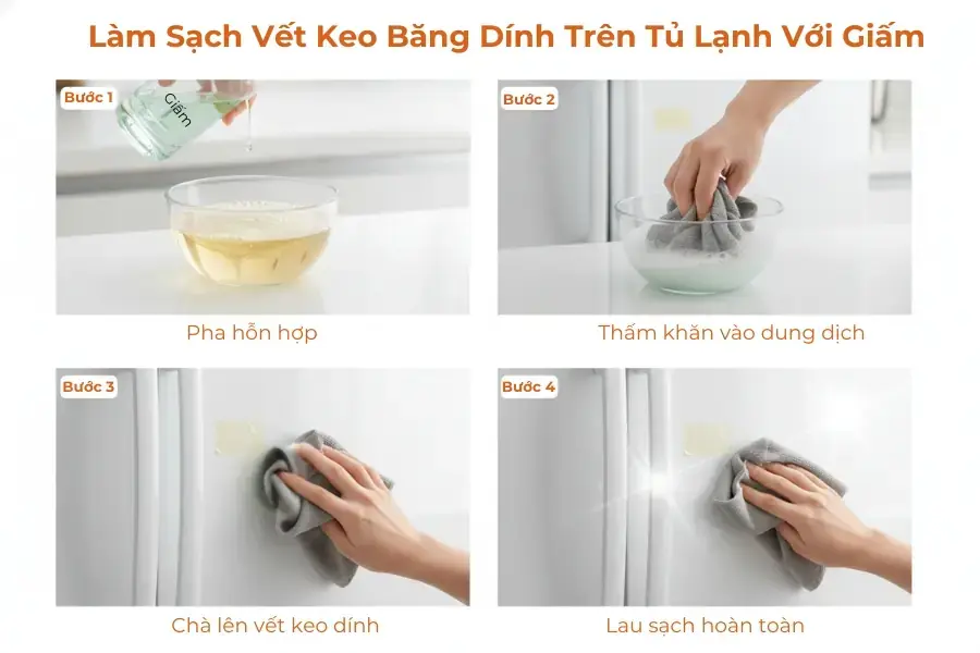 Dùng giấm ăn lau lên vết keo sẽ làm giảm tính dính và loại bỏ được hoàn toàn keo trên tủ lạnh.