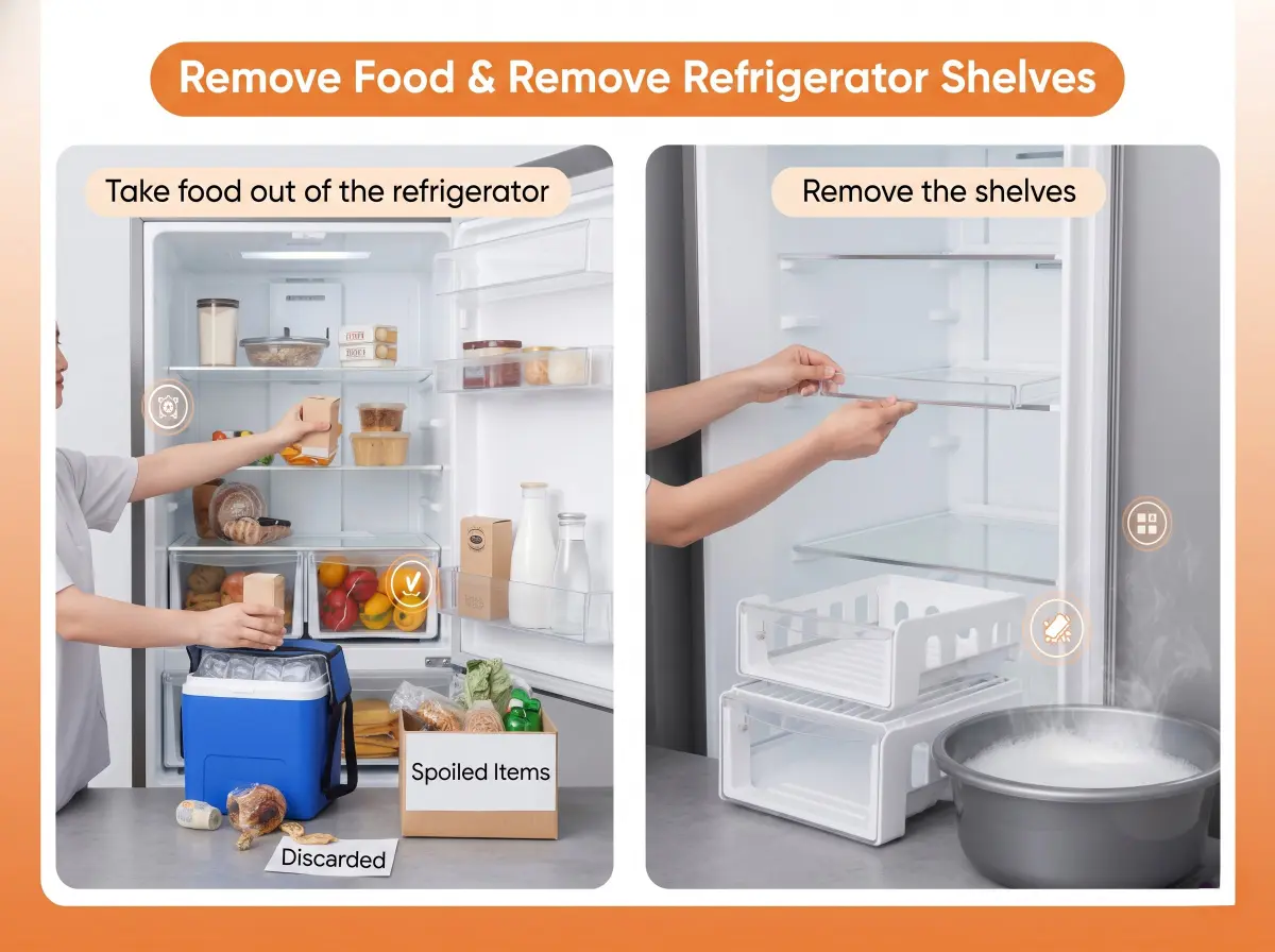 Remove all food and remove the shelves for cleaning