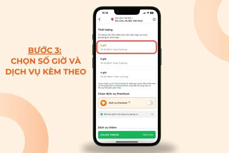 Chọn số giờ và kèm theo dịch vụ.