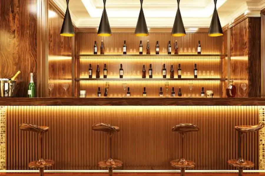 Gỗ và vật liệu mang lại cảm giác ấm áp và sang trọng cho quầy bar