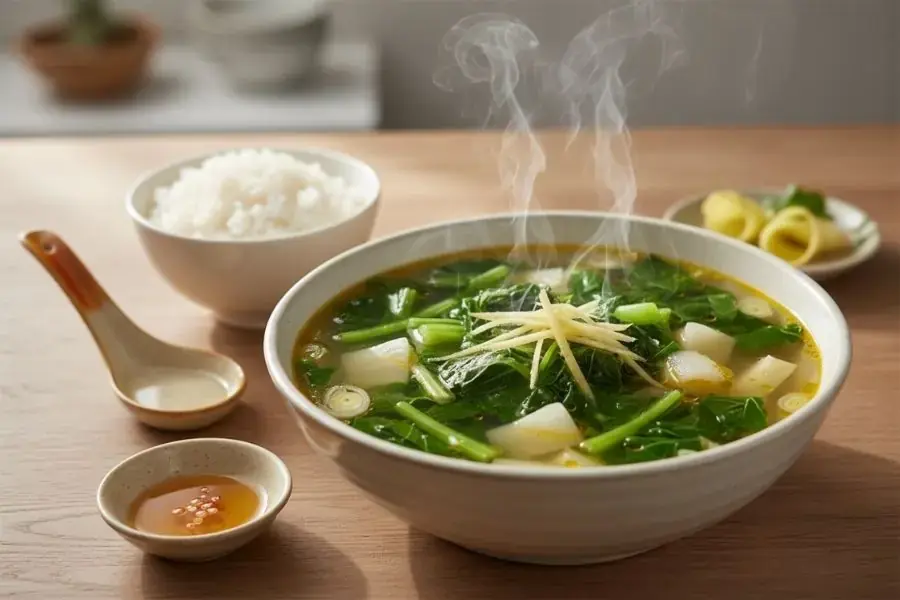 Bát canh cải xanh nấu cá rô đồng gừng tươi.