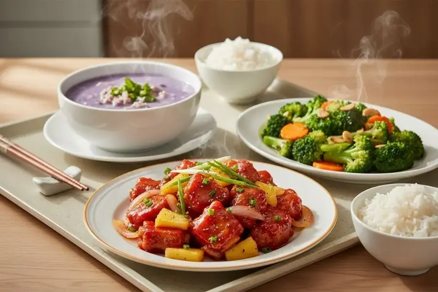 Sườn xào chua ngọt - Bông cải xào - Canh khoai mỡ.