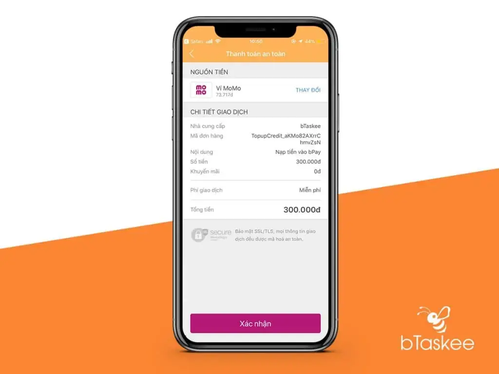 Chỉ cần ấn "Xác nhận", bạn đã hoàn thành xong việc nạp tiền từ ví MoMo sang bPay (Ảnh: bTaskee.com)