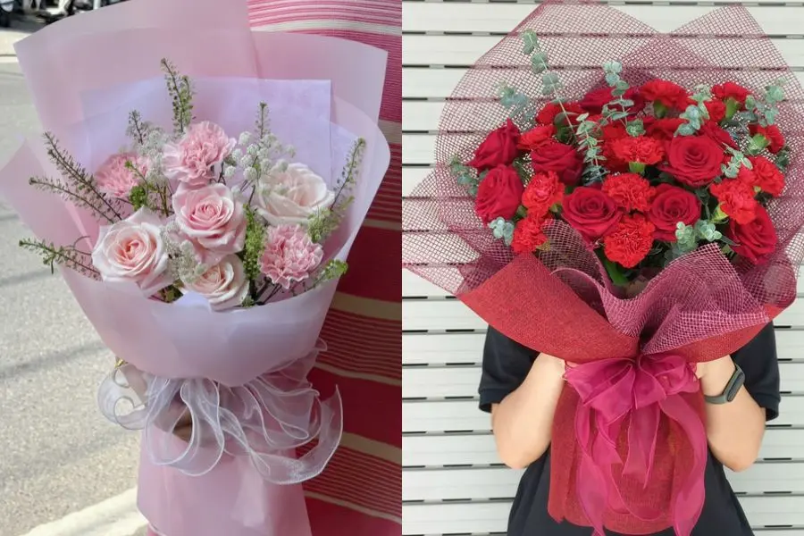 Mẫu bó hoa hồng phối hoa cẩm chướng thể hiện tình yêu sâu sắc và sự biết ơn chân thành
