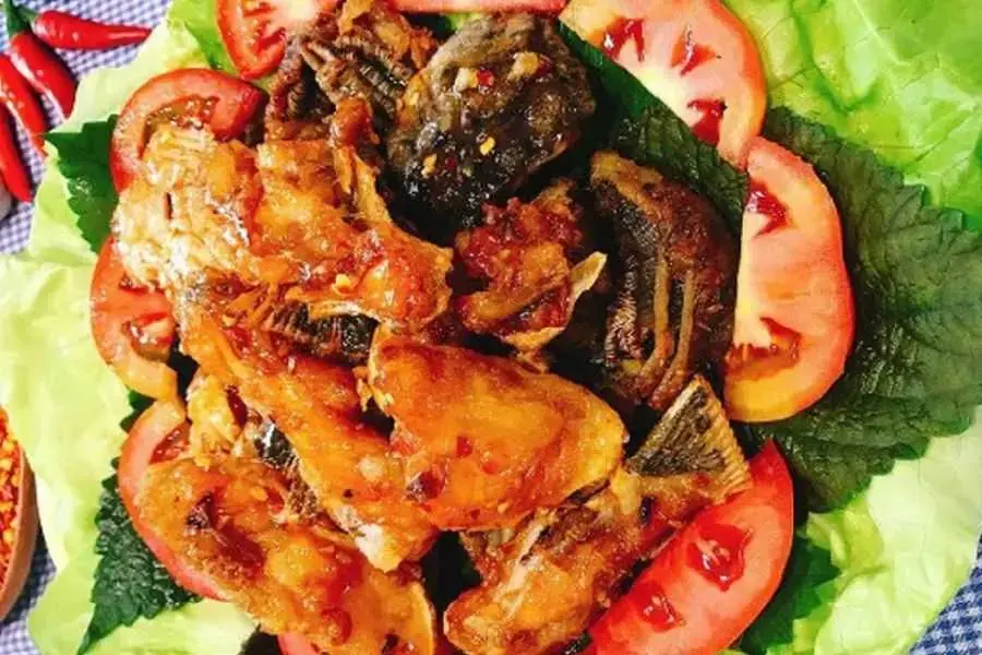 Món cá hồi chiên nước mắm hấp dẫn được dùng nóng với cà chua thái mỏng