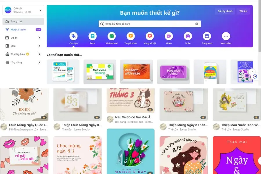 Đầu tiên truy cập trang Canva và tìm với từ khóa mong muốn.