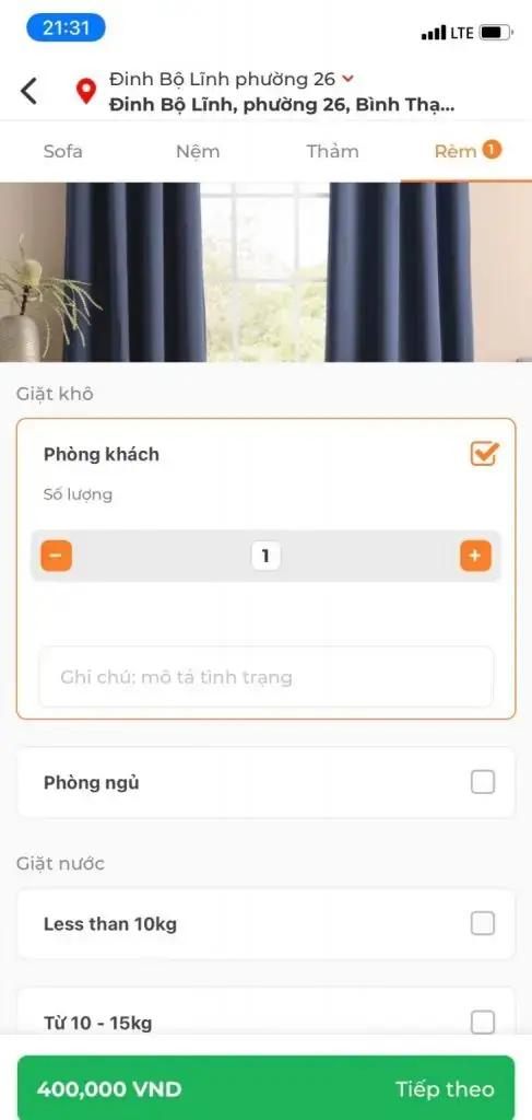 Chọn dịch vụ rèm và khối lượng rèm cần vệ sinh