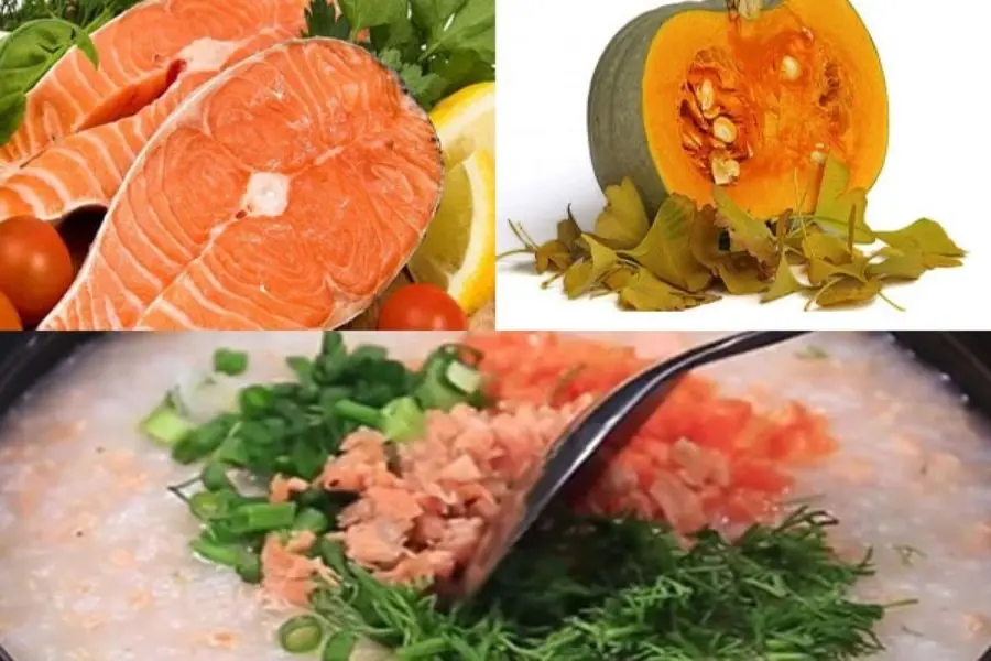 Nguyên liệu chế biến cháo cá hồi bí đỏ: cá hồi và bí đỏ, hành lá, gừng, tỏi, gạo tẻ, gạo nếp