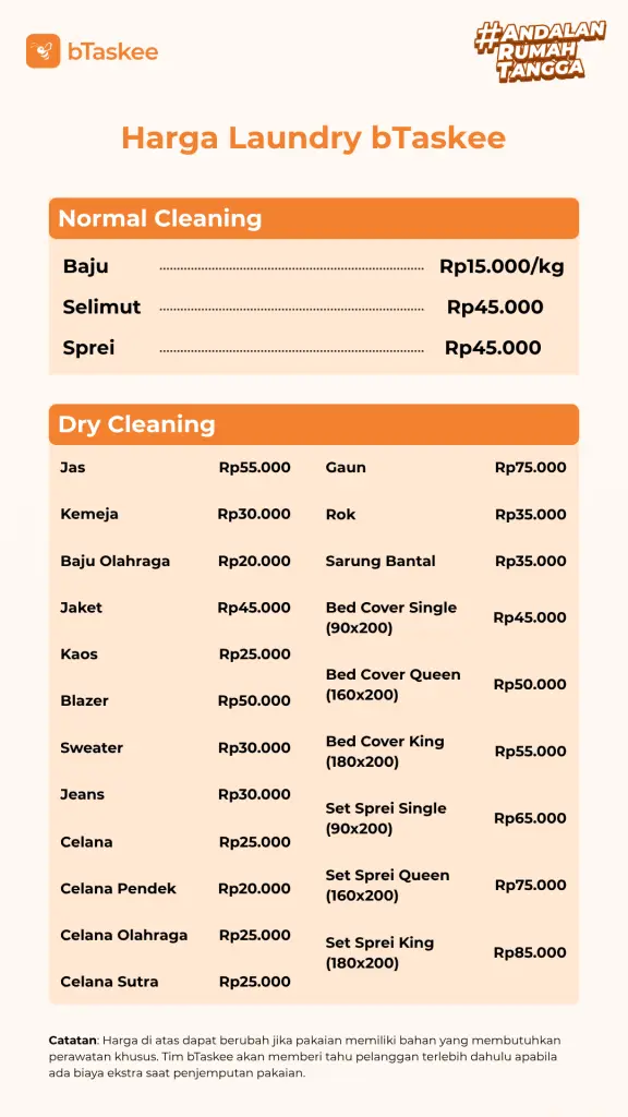 Pricelist daftar harga laundry bTaskee