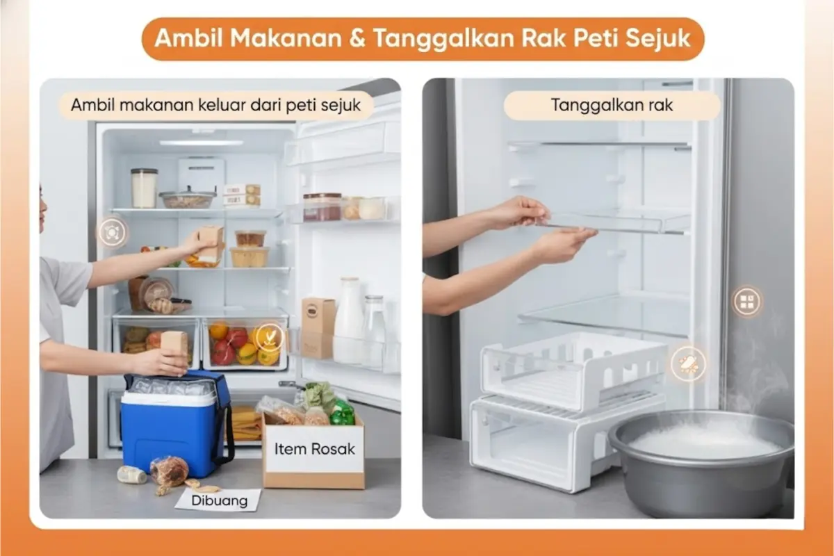 Keluarkan semua makanan dan tanggalkan rak untuk dibersihkan.