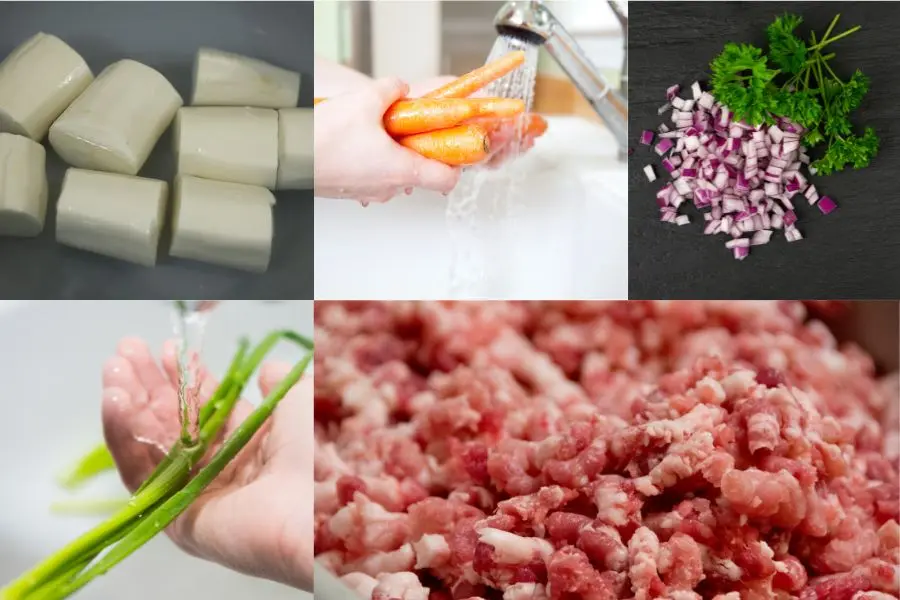 Sắn và cà rốt rửa sạch, gọt vỏ, bào sợi và xắt hạt lựu.