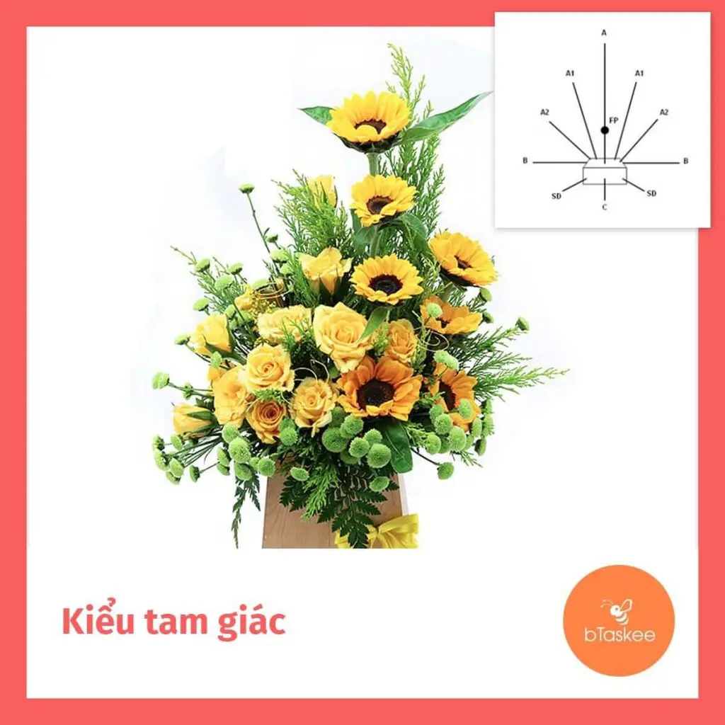 Kiểu cắm hoa tam giác hay được dùng trong các hội nghị