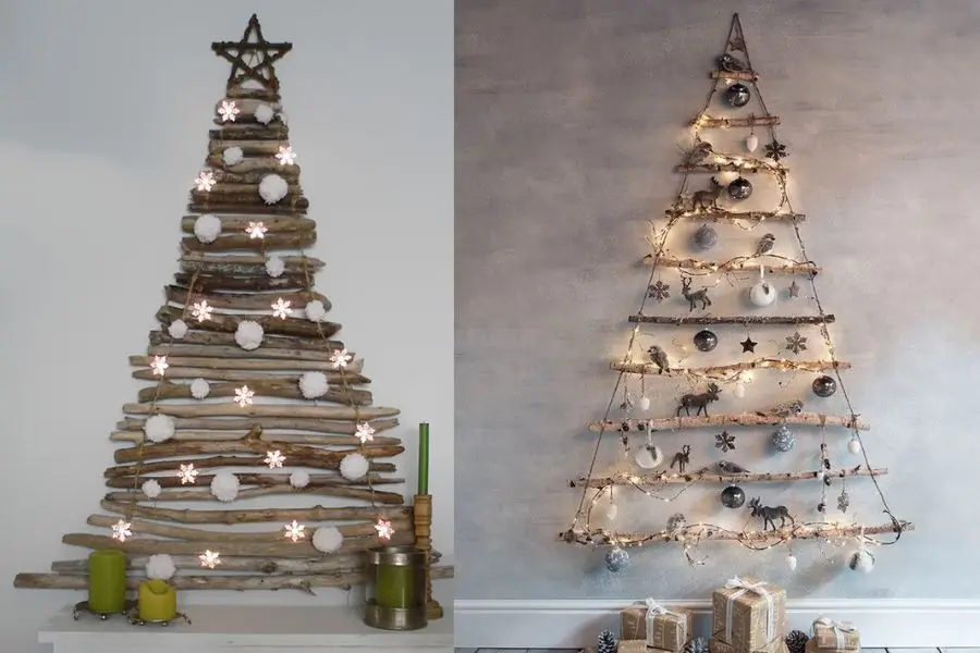 Trang trí cây thông Noel treo tường từ những que củi khô.