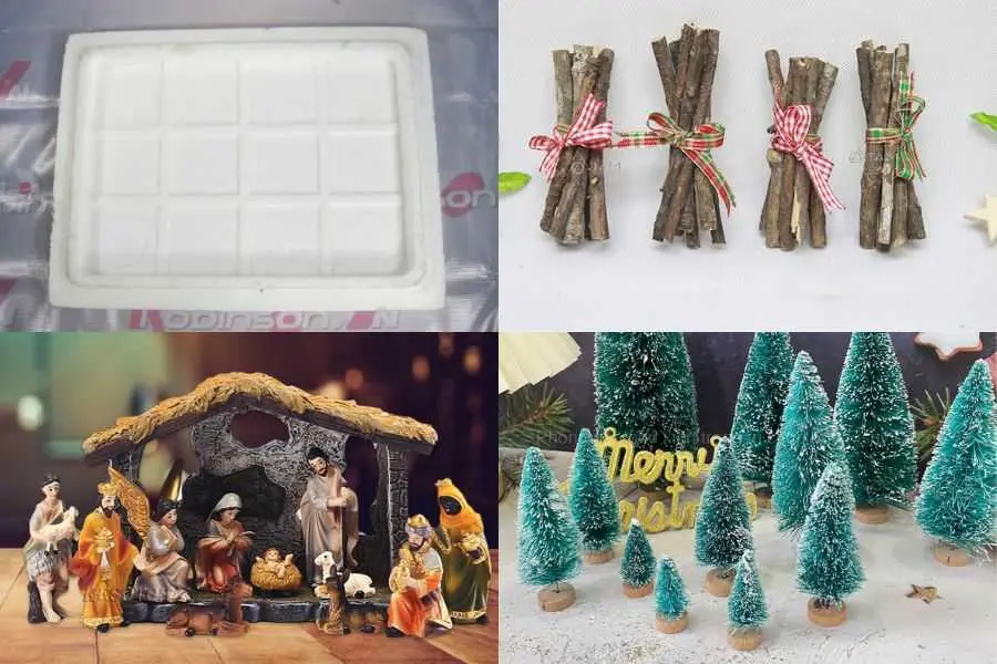 Bốn nguyên liệu chính để làm hang đá mini Giáng Sinh.