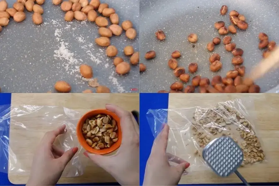 Công đoạn rang đậu phộng với muối và giã sơ
