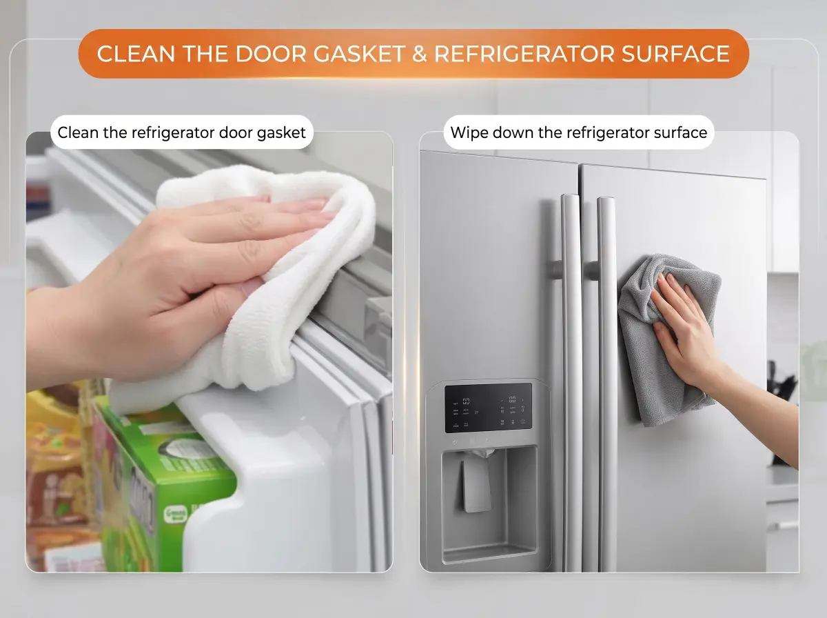 Clean the refrigerator door gasket and wipe the entire surface of the refrigerator