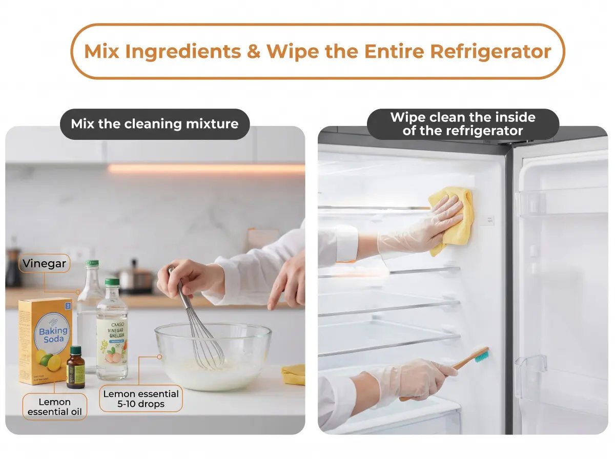 Prepare the cleaning mixture and wipe clean the inside of the refrigerator