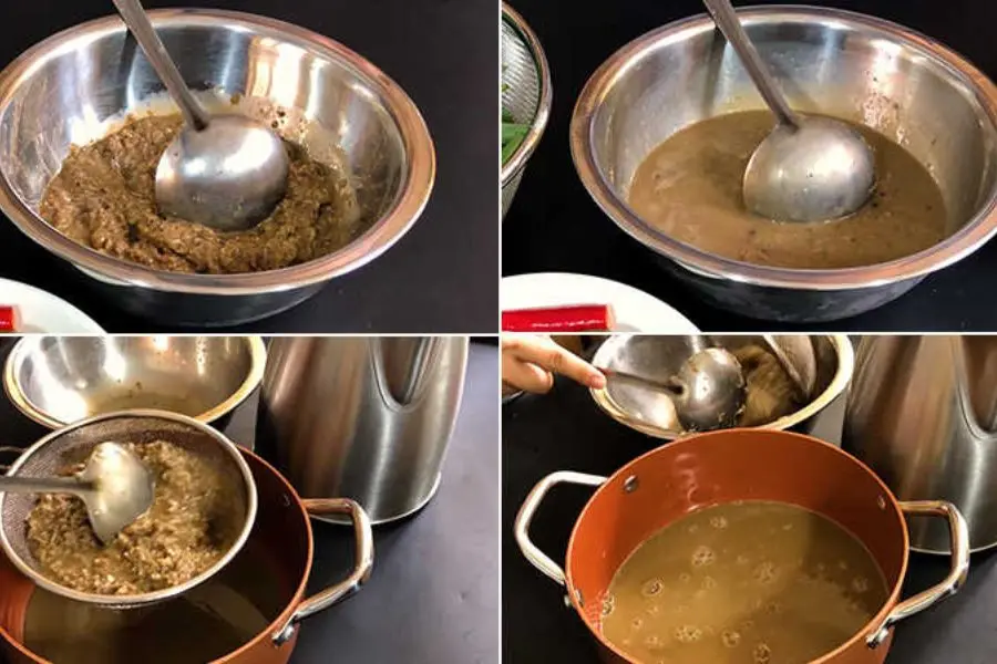 Sơ chế gạch cua, lọc lấy nước trong để nấu canh.