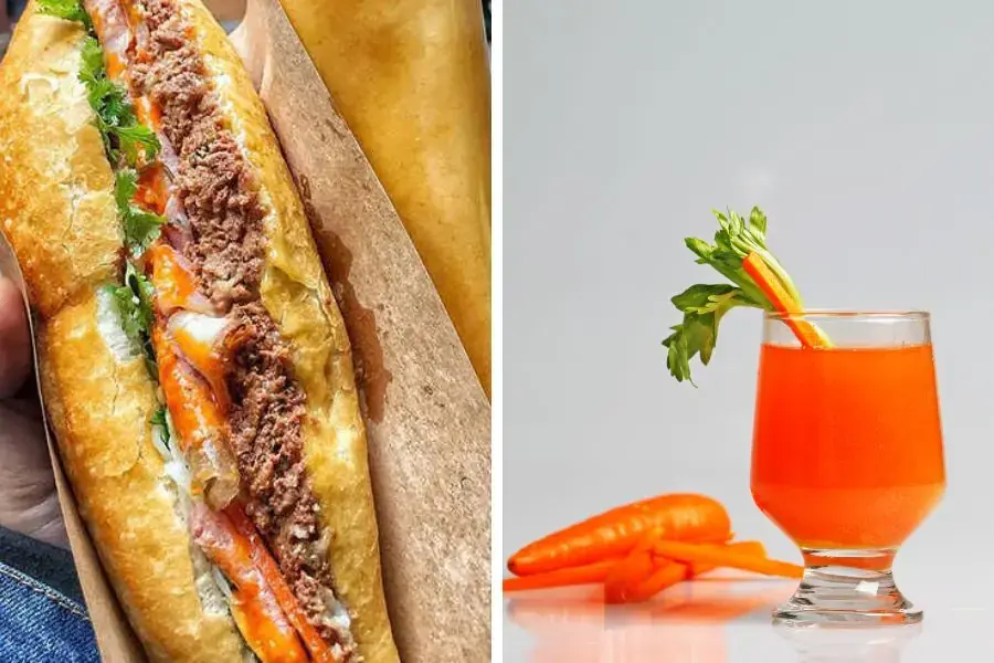 Bữa sáng với bánh mì pate thịt, nước ép cà rốt cho sinh viên nam