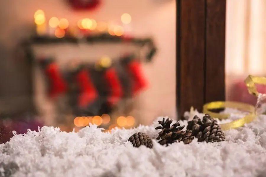 Trang trí cửa sổ với tuyết và quả thông.