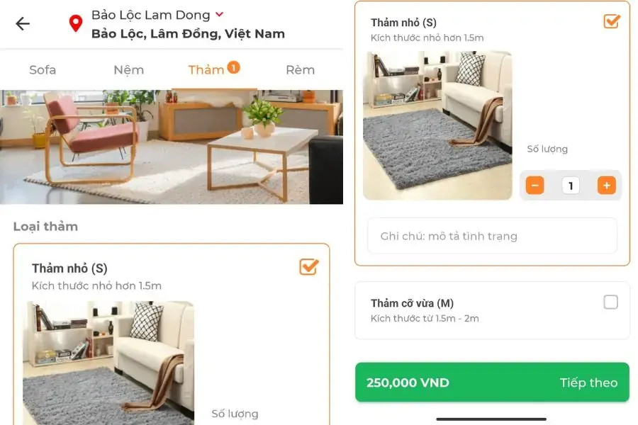 Lựa chọn loại thảm, kích thước, số lượng phù hợp và nhấn Tiếp theo.